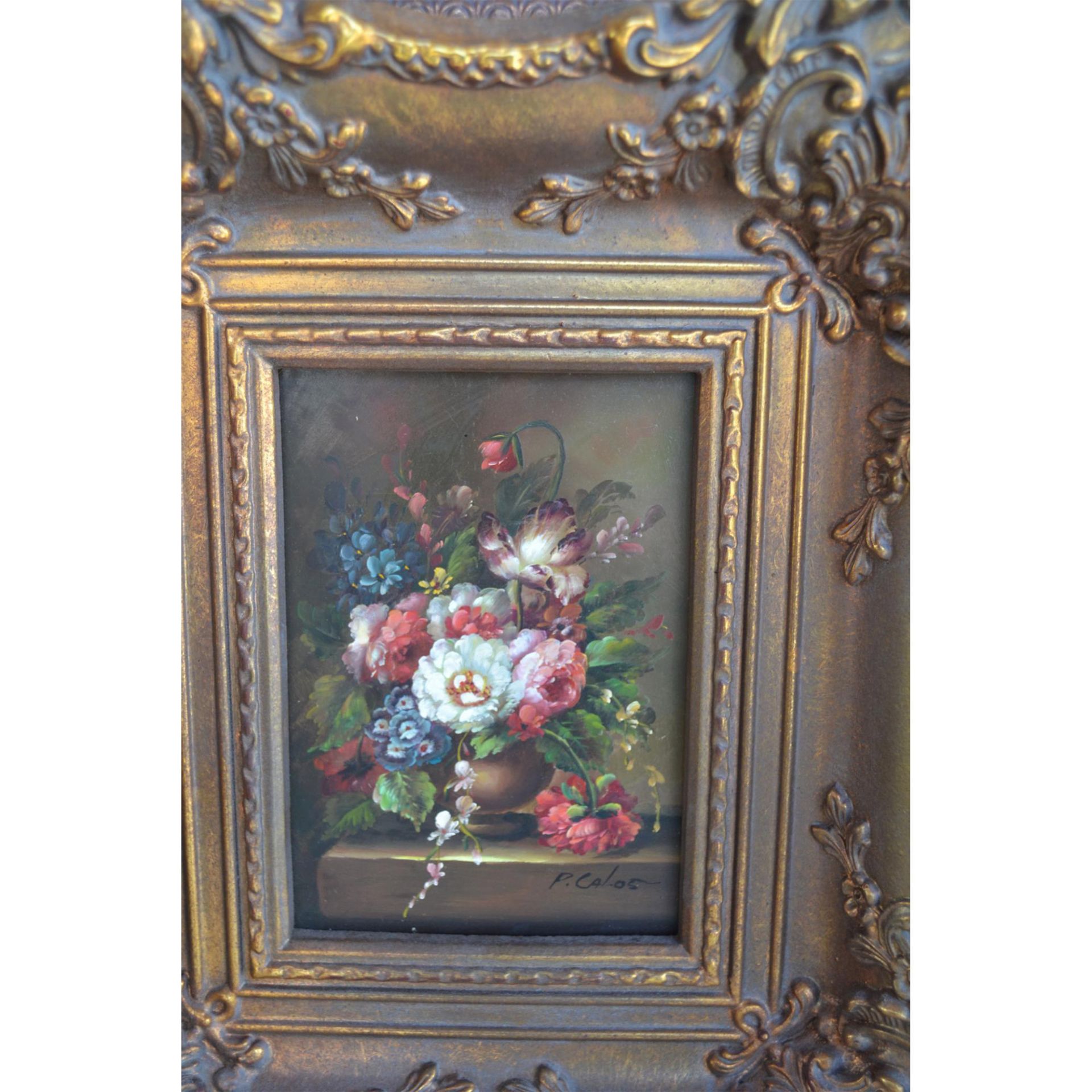 P.Calos Original Oil Floral Painting, Gold Ornate Frame - Bild 3 aus 4