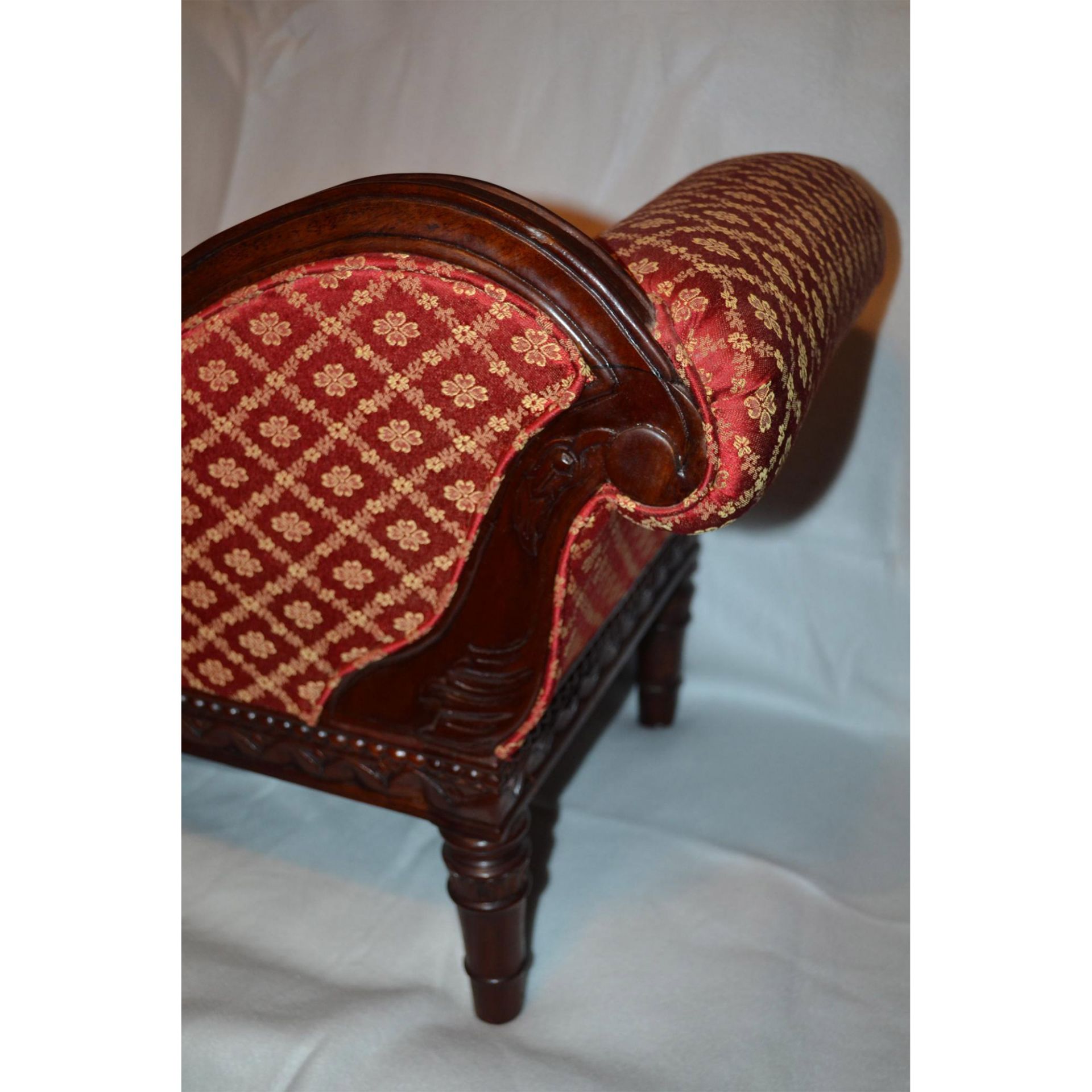 Miniature European Mahogany Hand Carved And Crafted Swan Sofa, Upholstered In Red/Gold Pattern Damas - Image 5 of 5