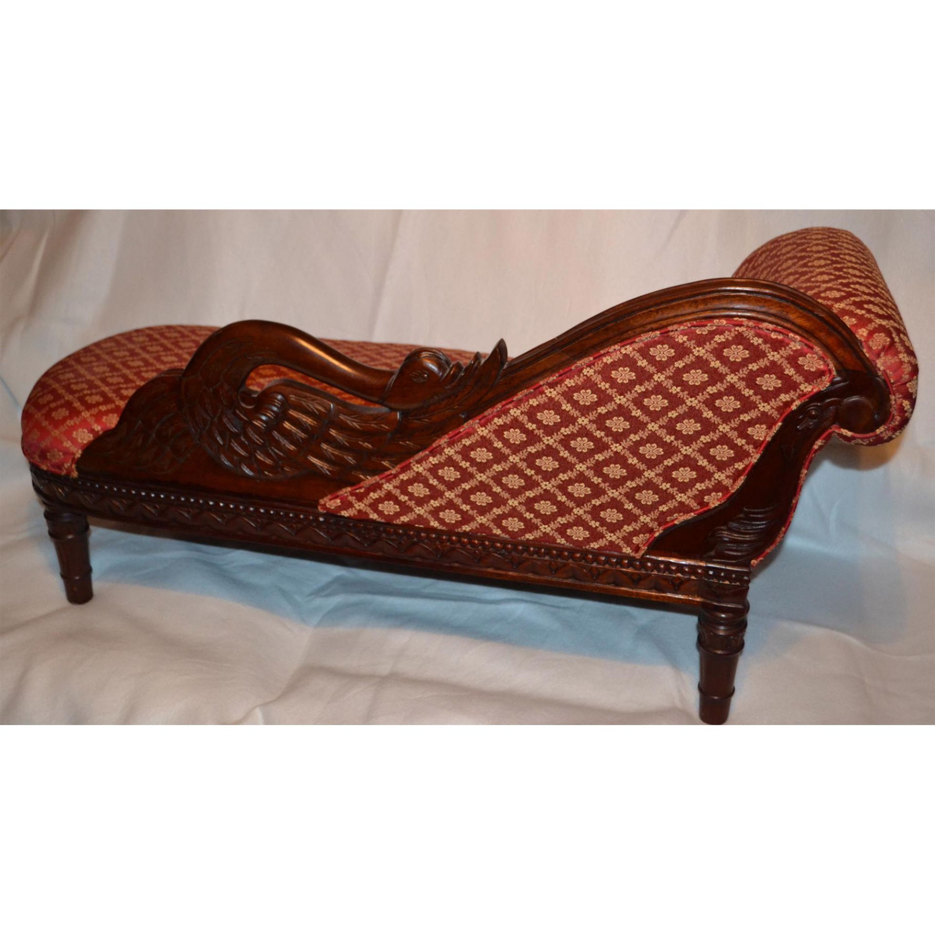 Miniature European Mahogany Hand Carved And Crafted Swan Sofa, Upholstered In Red/Gold Pattern Damas - Image 2 of 5