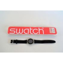 Swatch Watch, Vintage, With Black Leather Band, Original Case