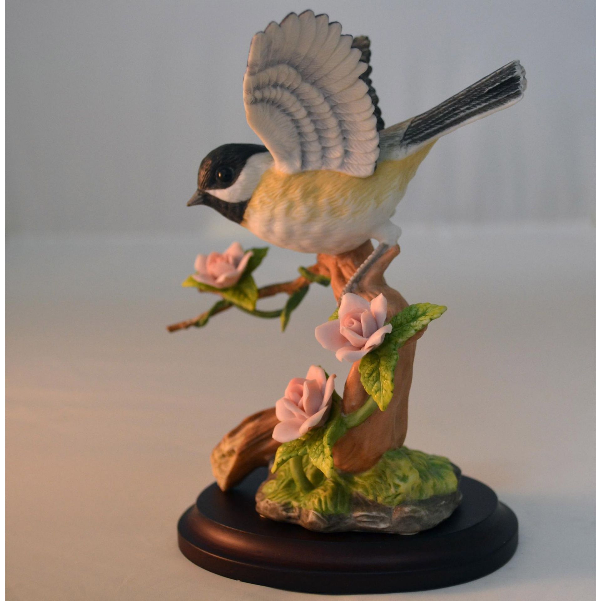 Maruri Porcelain Songbird Chickadee With Rose Bird Figurine