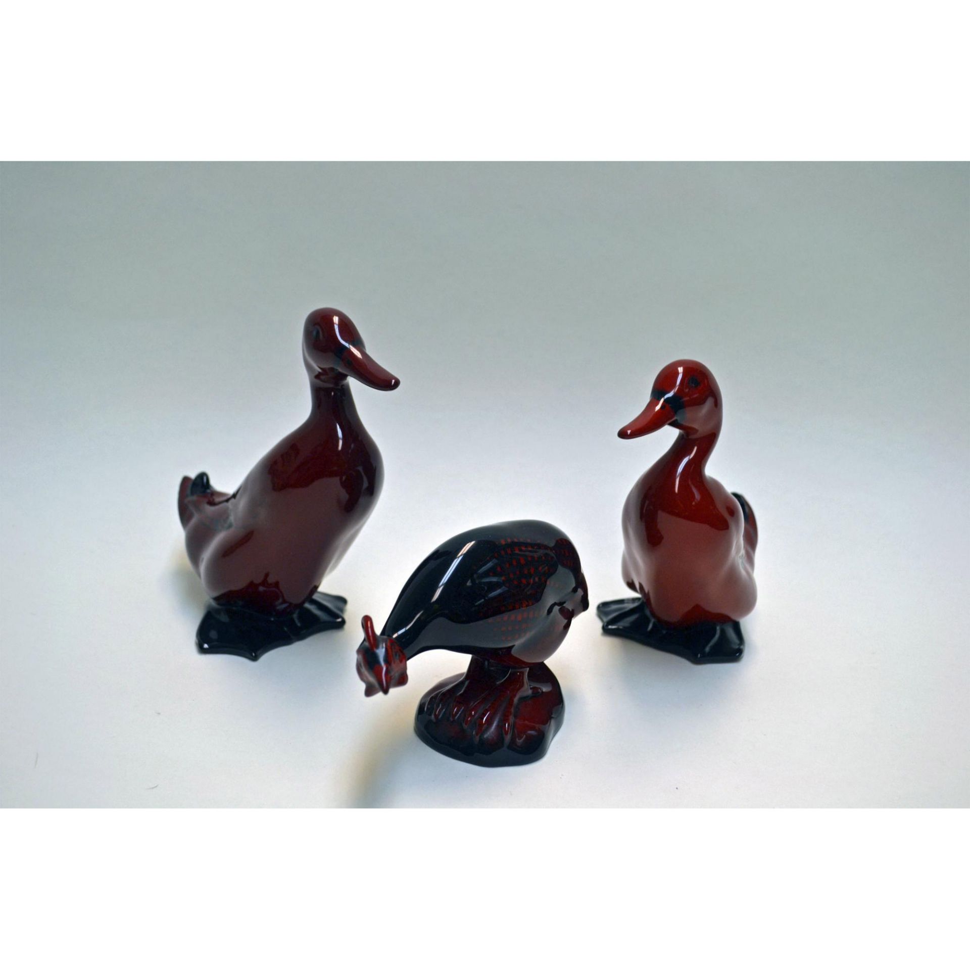 Royal Doulton Red Flambe' Ducks And Guinea, 3 Pcs