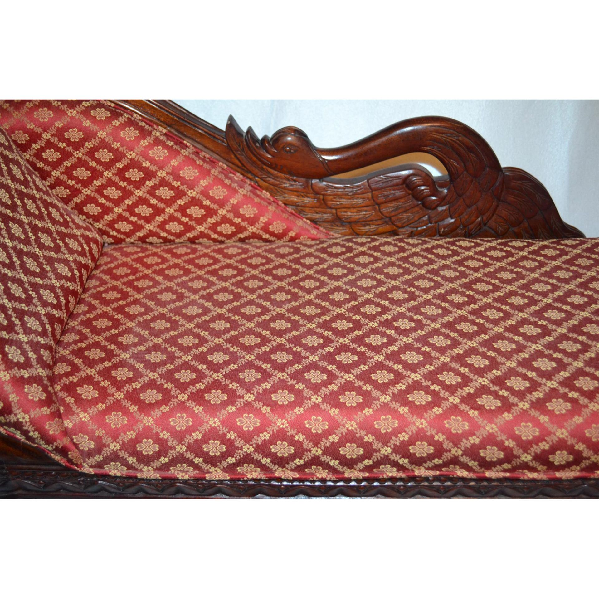 Miniature European Mahogany Hand Carved And Crafted Swan Sofa, Upholstered In Red/Gold Pattern Damas - Image 3 of 5
