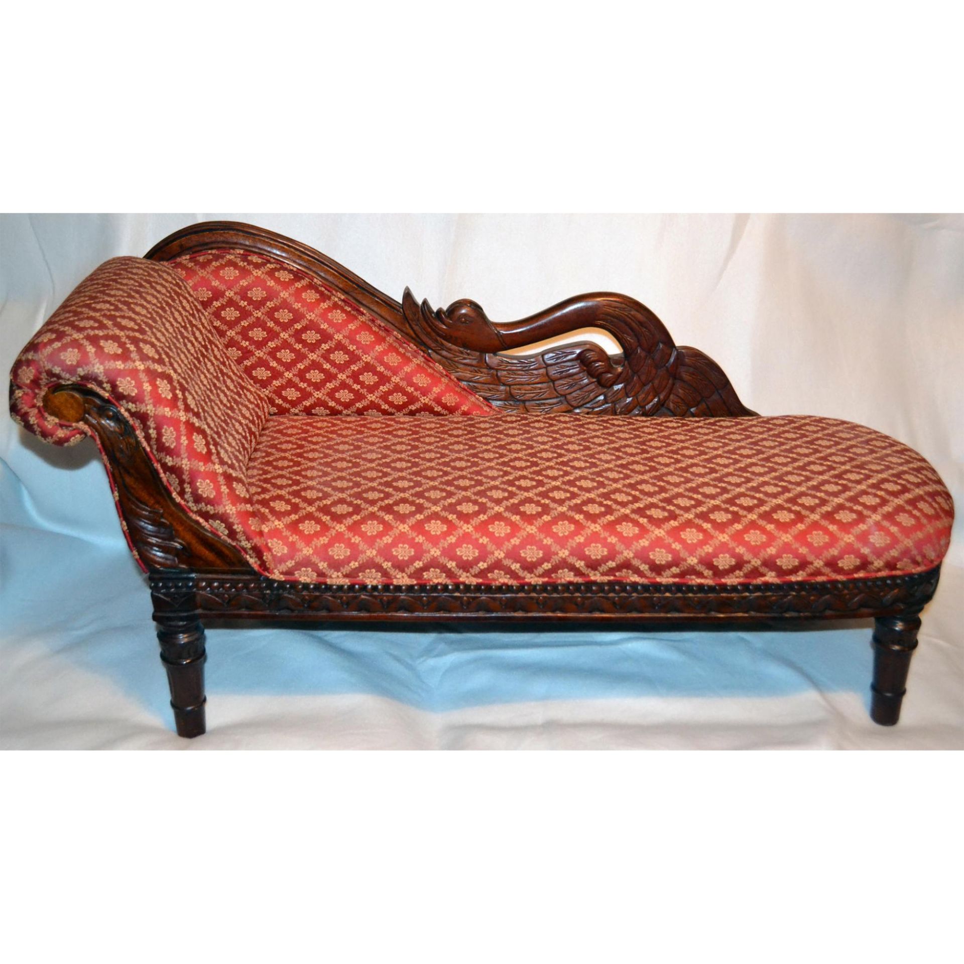 Miniature European Mahogany Hand Carved And Crafted Swan Sofa, Upholstered In Red/Gold Pattern Damas
