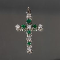 Beautiful 14K White Gold, Emerald, & Diamond Cross Pendant