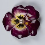 Lampl Pansy Enamel and Sterling Silver Brooch Pearl Center