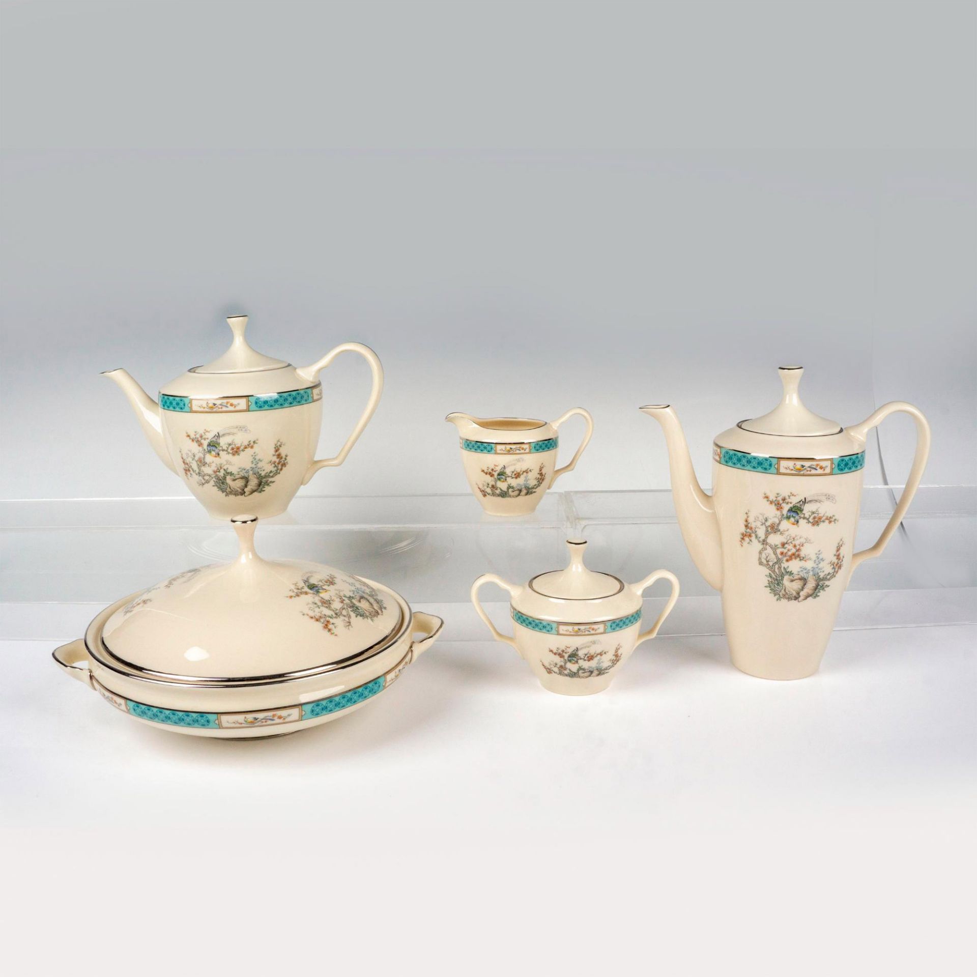 5pc Lenox Teapot, Coffee Pot, Serveware, Plum Blossoms