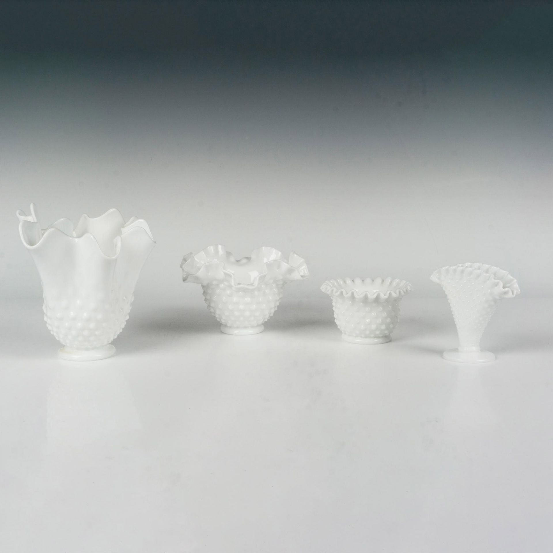 4pc Vintage Milk Glass Bowls & Vases Hobnail