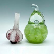 2pc Art Glass Paperweights, Garlic Bulb & St. Clair Pear