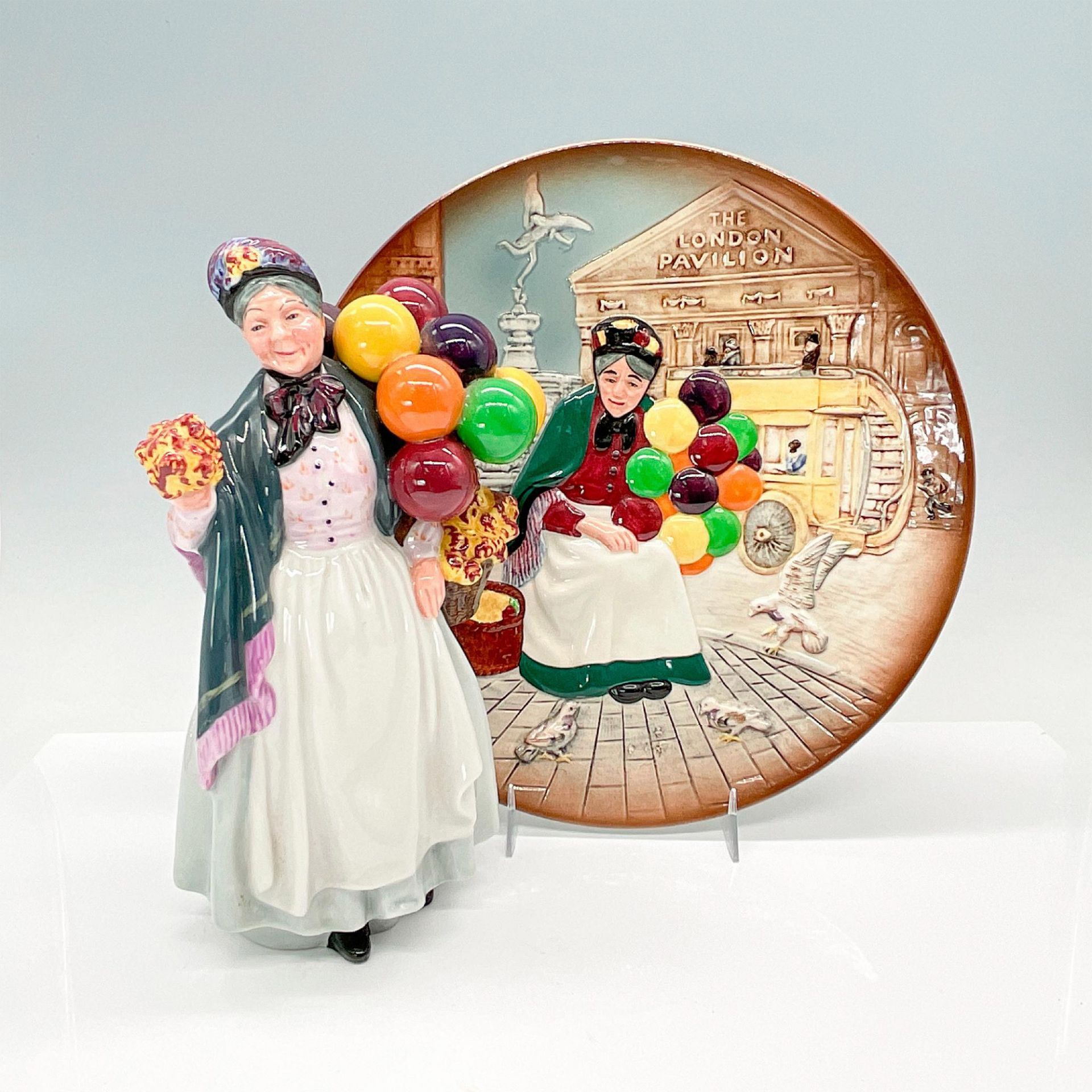 2pc Royal Doulton Figurine and Plate, Old Balloon Seller