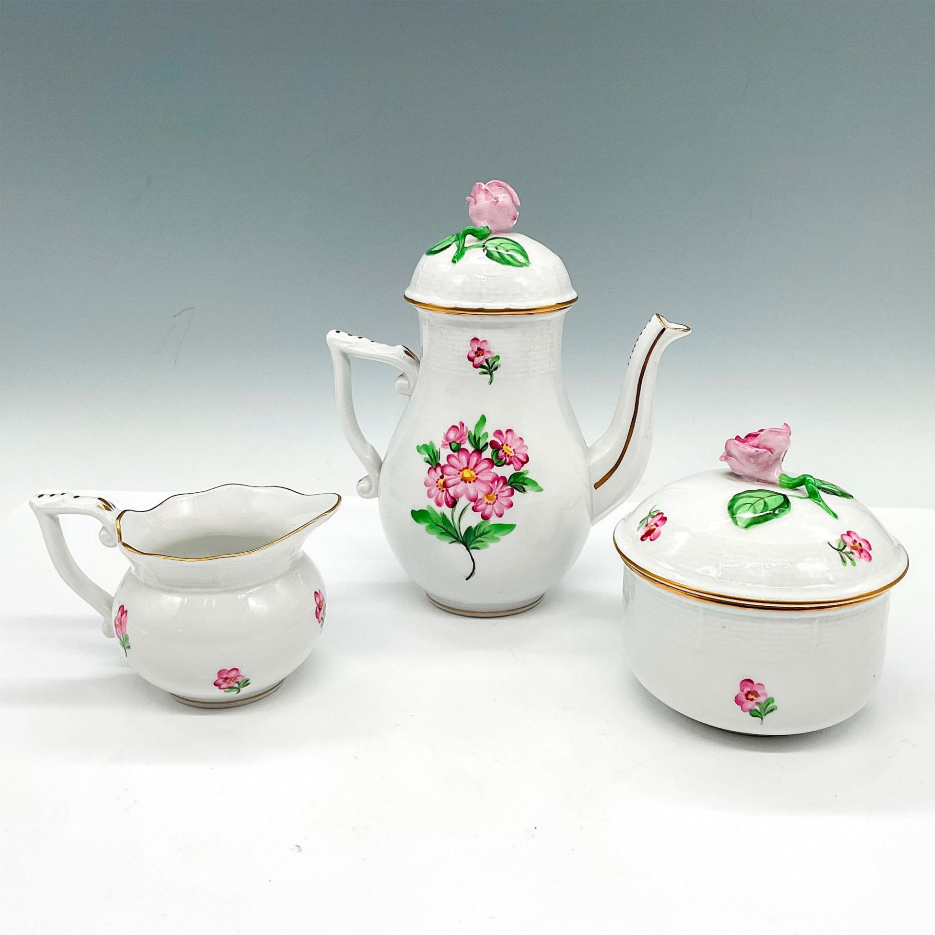 3pc Herend Porcelain Coffee Service Set, Pink Flowers - Image 2 of 3