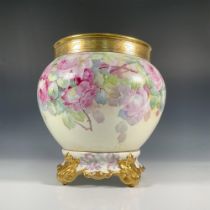 2pc Jean Pouyat Limoges Jardiniere + Base, Pink Roses