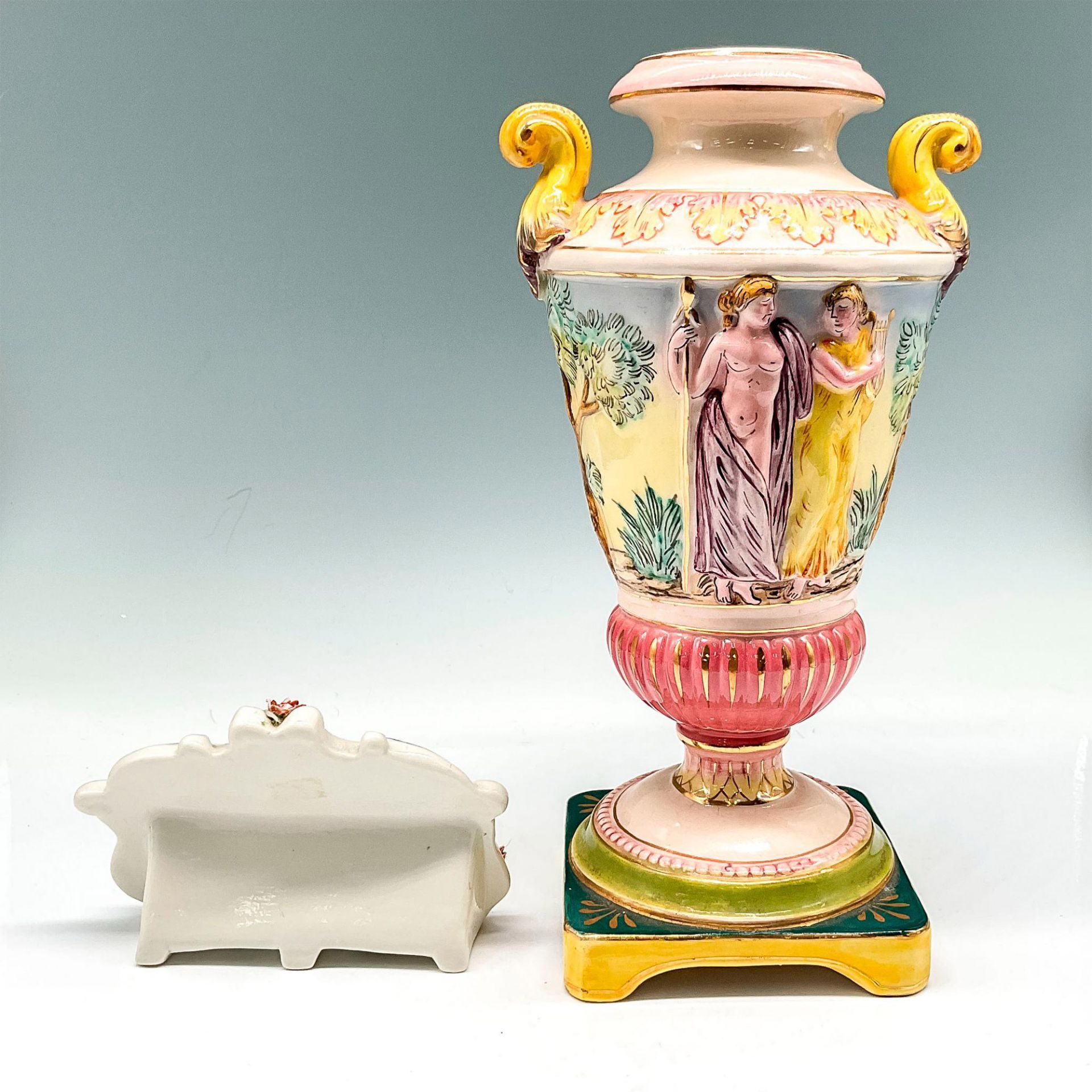 2pc Capodimonte Porcelain Pedestal Vase + Display Sign - Image 2 of 3