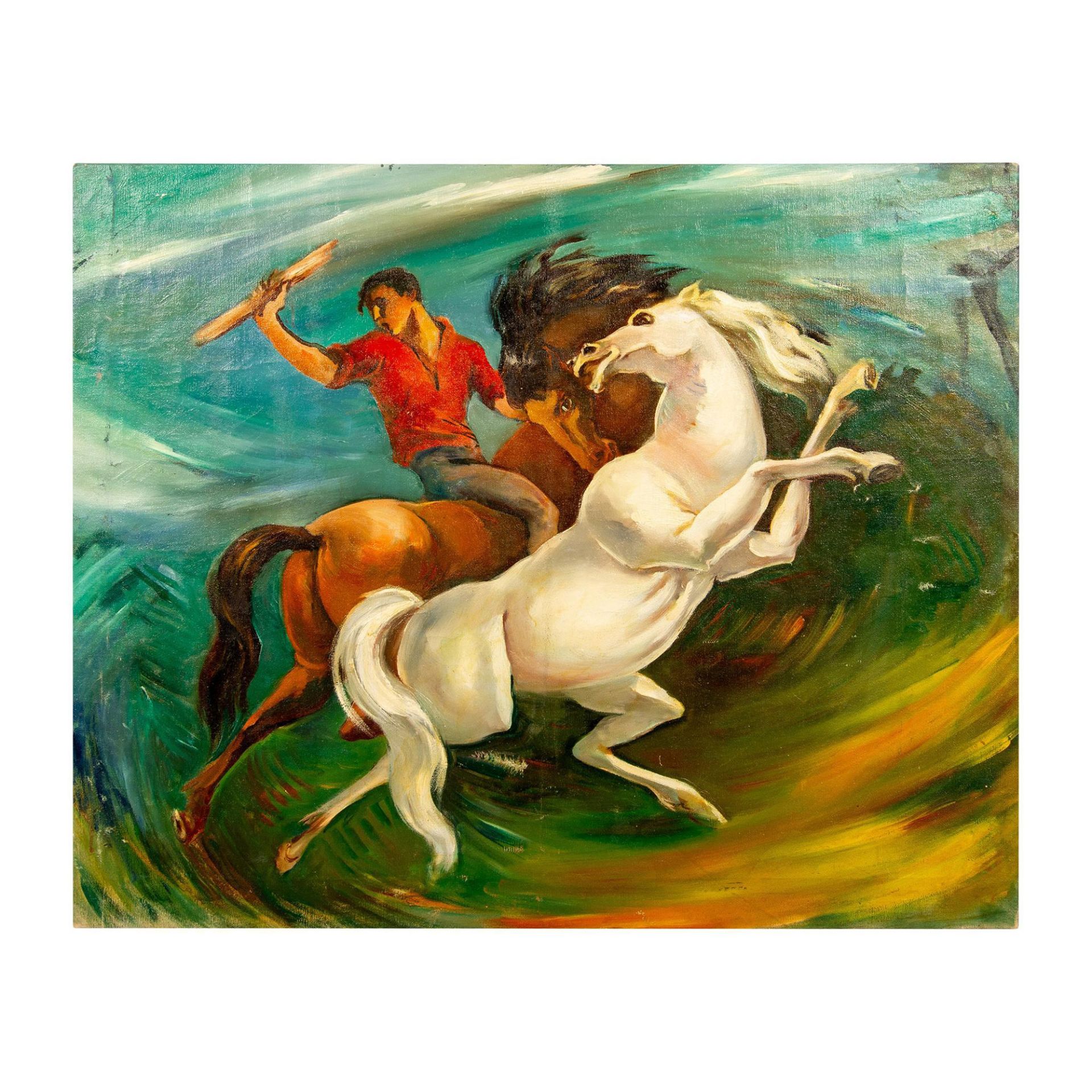 Original Oil on Canvas, Bareback Rider and Horses