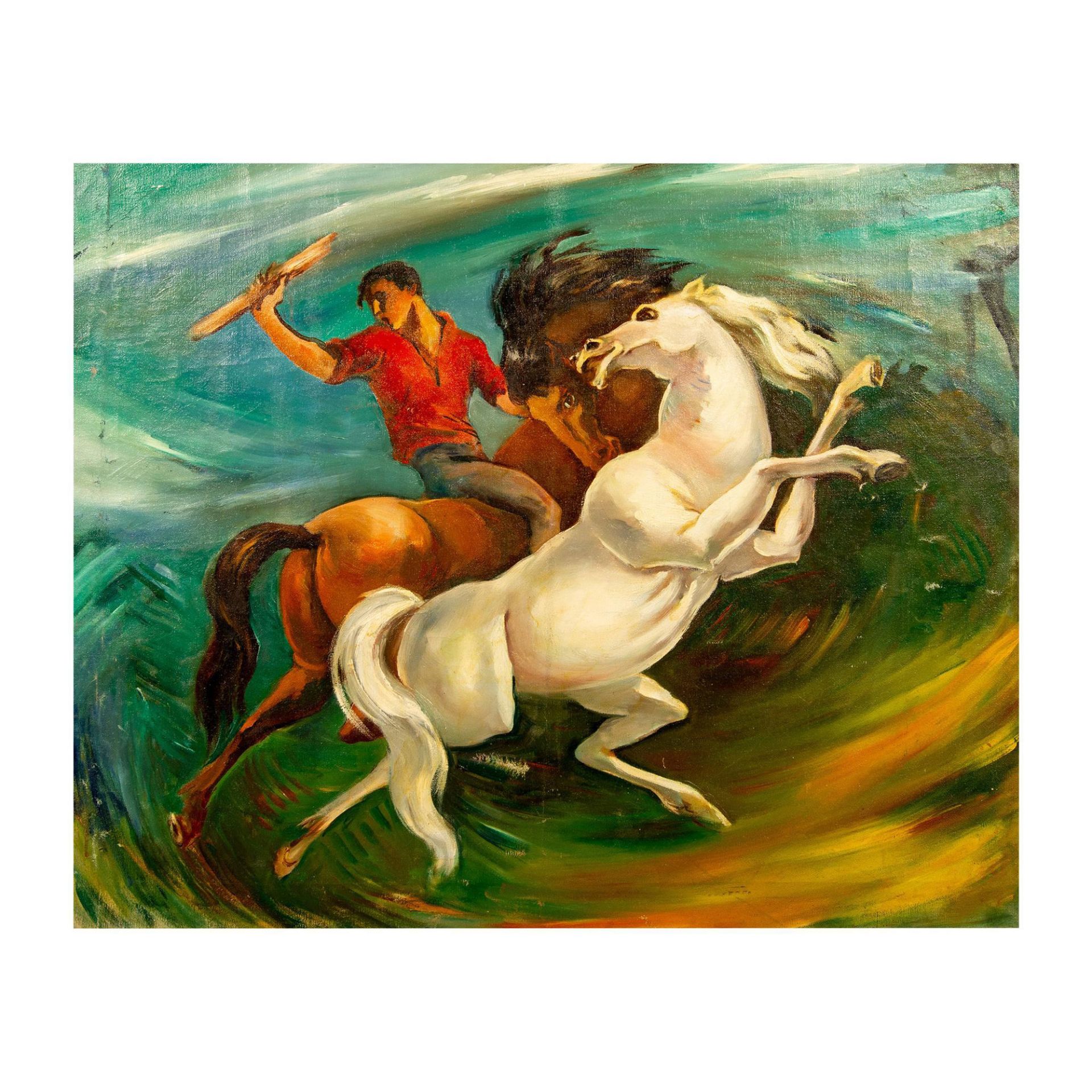Original Oil on Canvas, Bareback Rider and Horses - Image 2 of 5