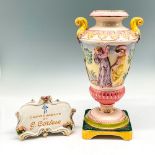 2pc Capodimonte Porcelain Pedestal Vase + Display Sign