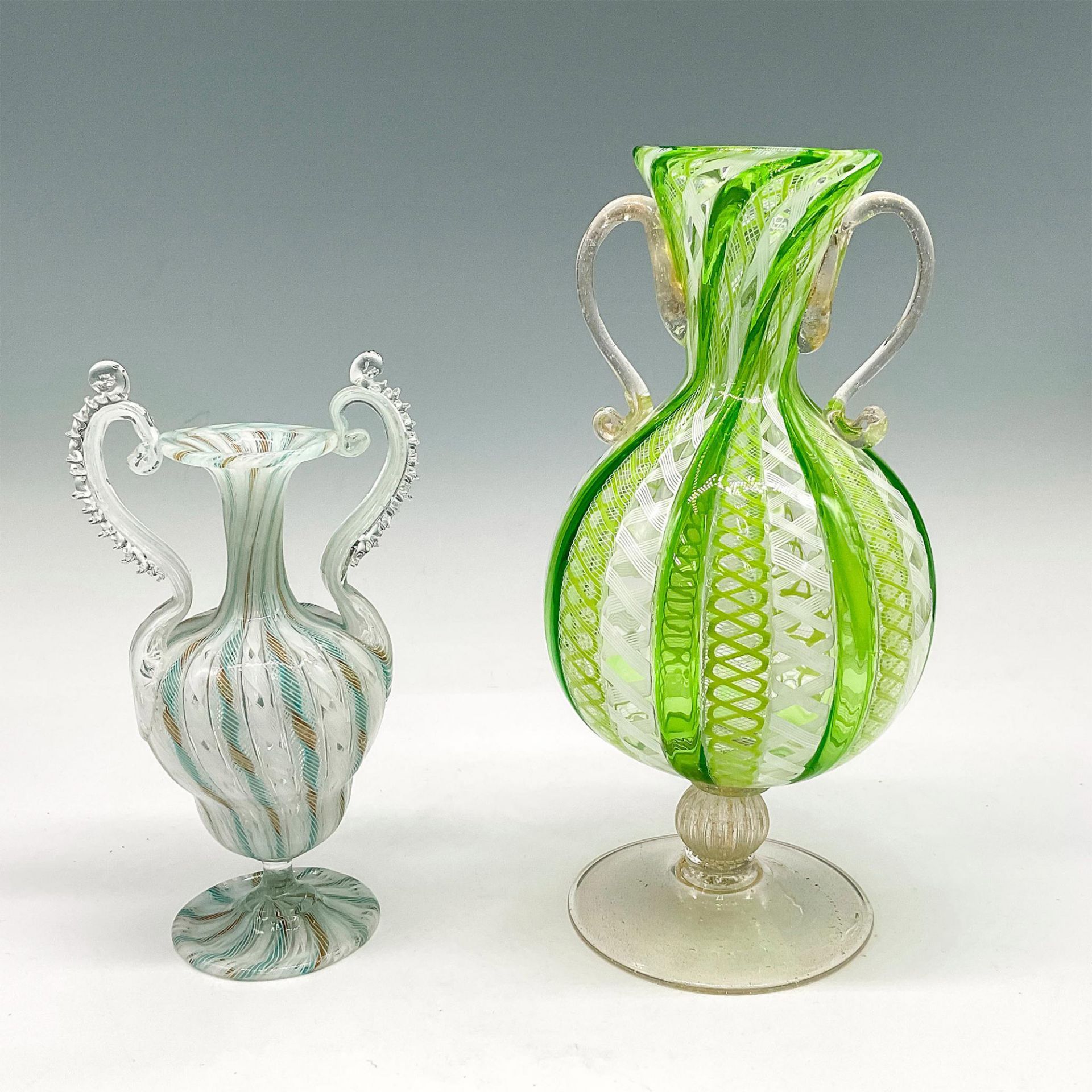 2pc Murano Latticino Ribbon Cased Art Glass Vases