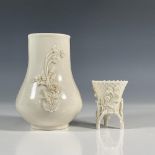 2pc Belleek Pottery Vase and Toothpick Holder, Rose