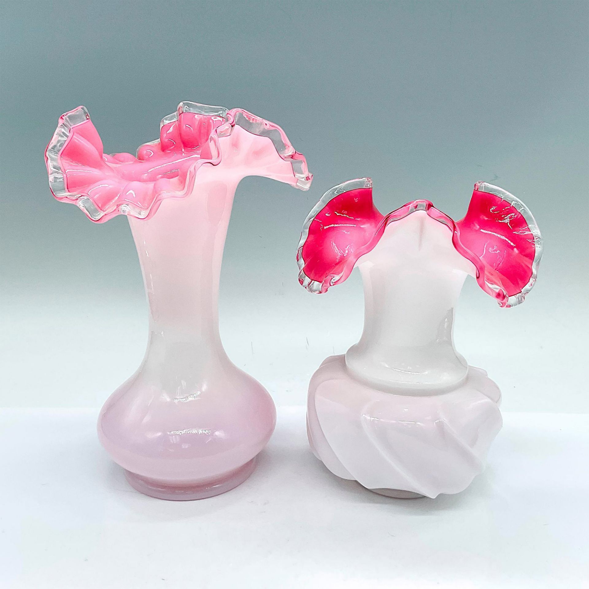 2pc Fenton Pink Crimped Milk Glass Vases, Silver Crest - Image 2 of 3