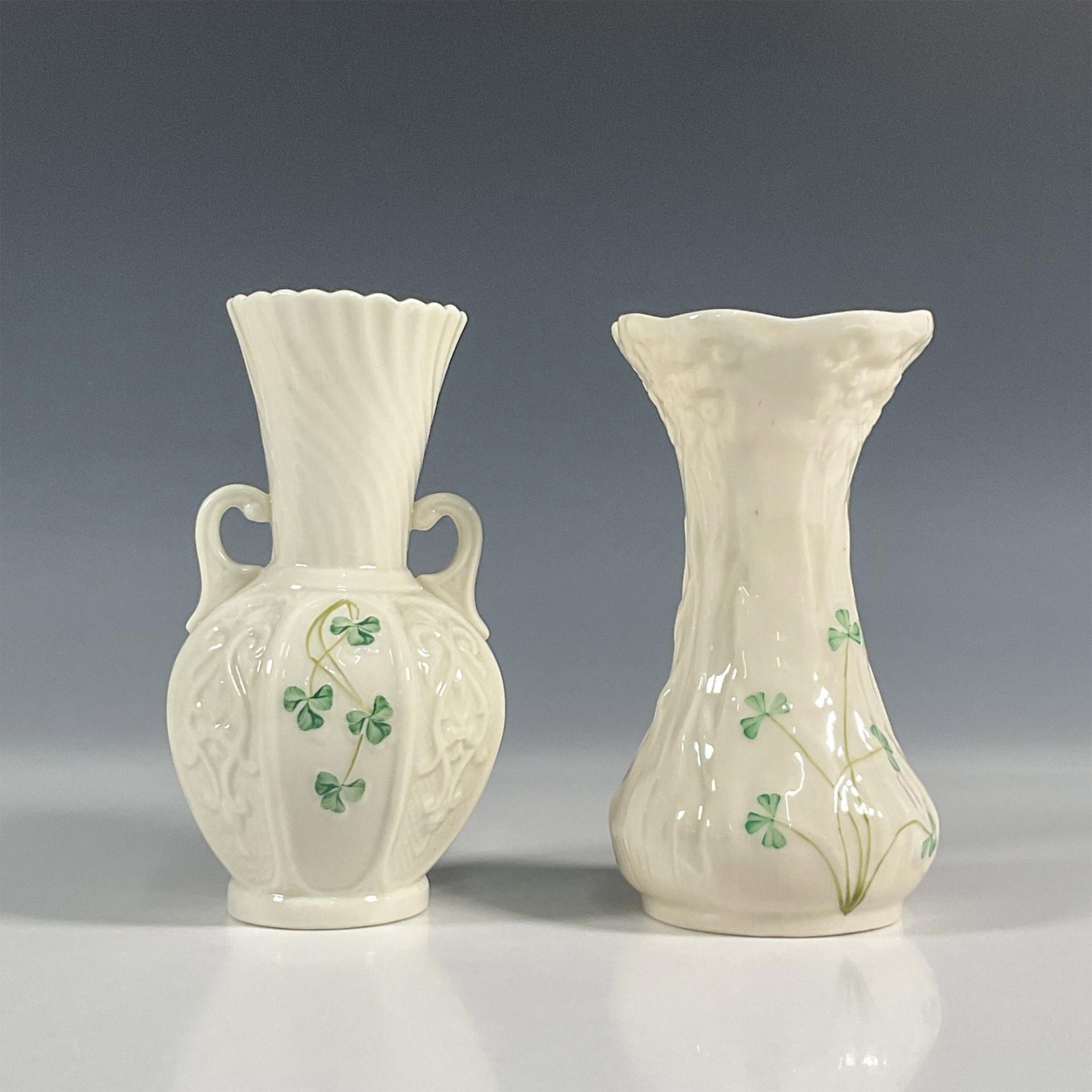 2pc Belleek Pottery Porcelain Vases, Shamrock - Image 2 of 3