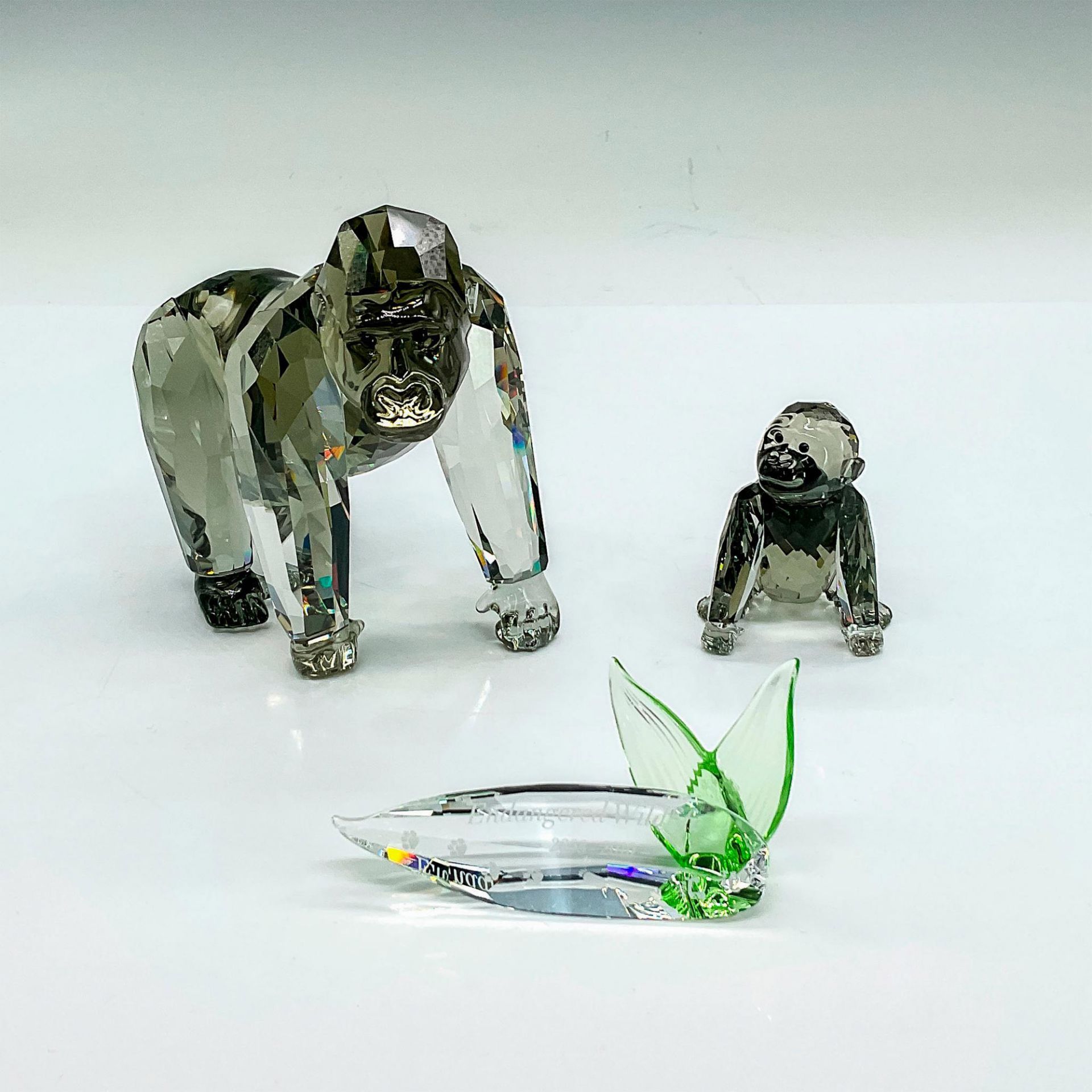 3pc Swarovski Crystal Figurines, Mother Gorilla/Baby/Plaque