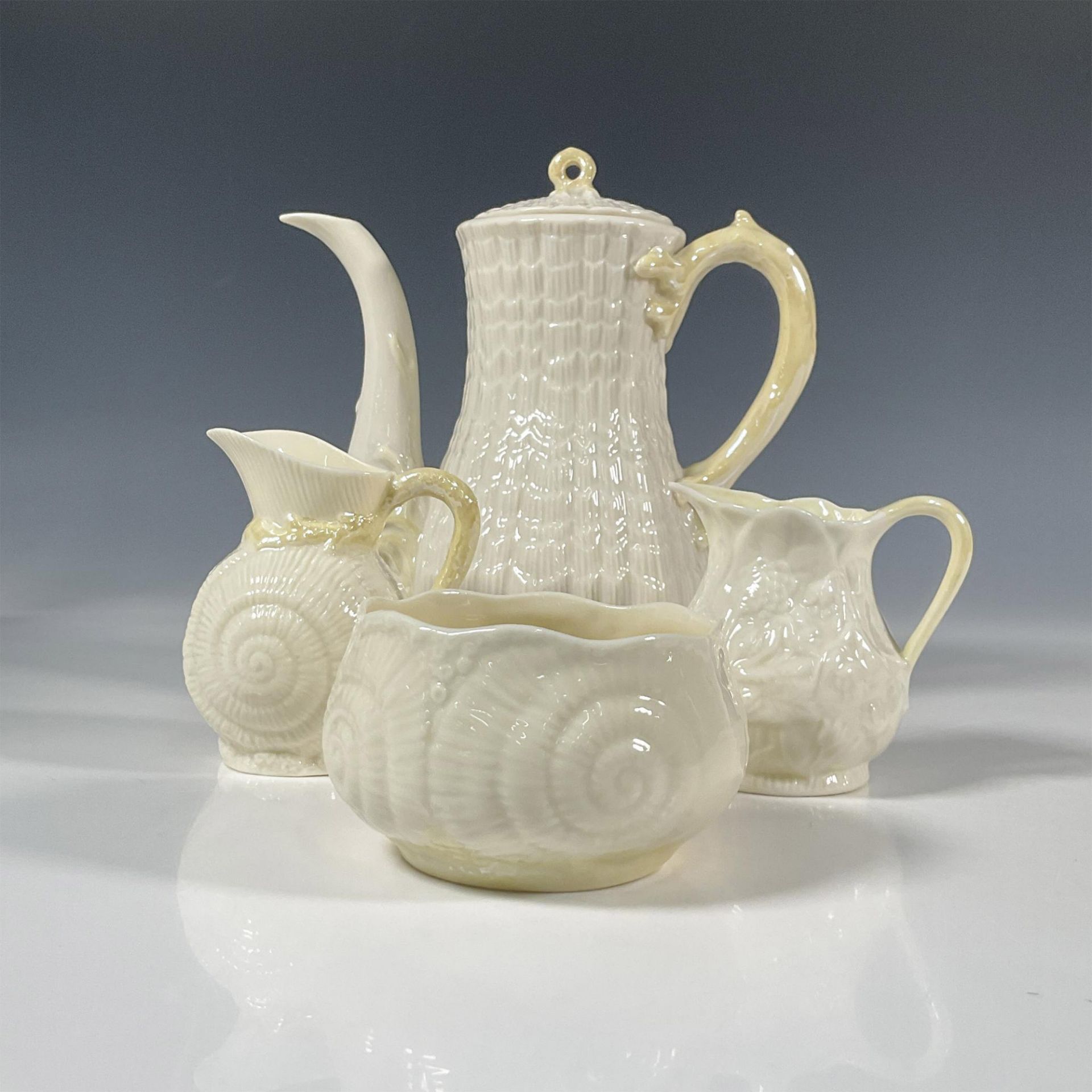 4pc Belleek Pottery Porcelain Coffee Set, Tridacna Yellow - Image 7 of 8