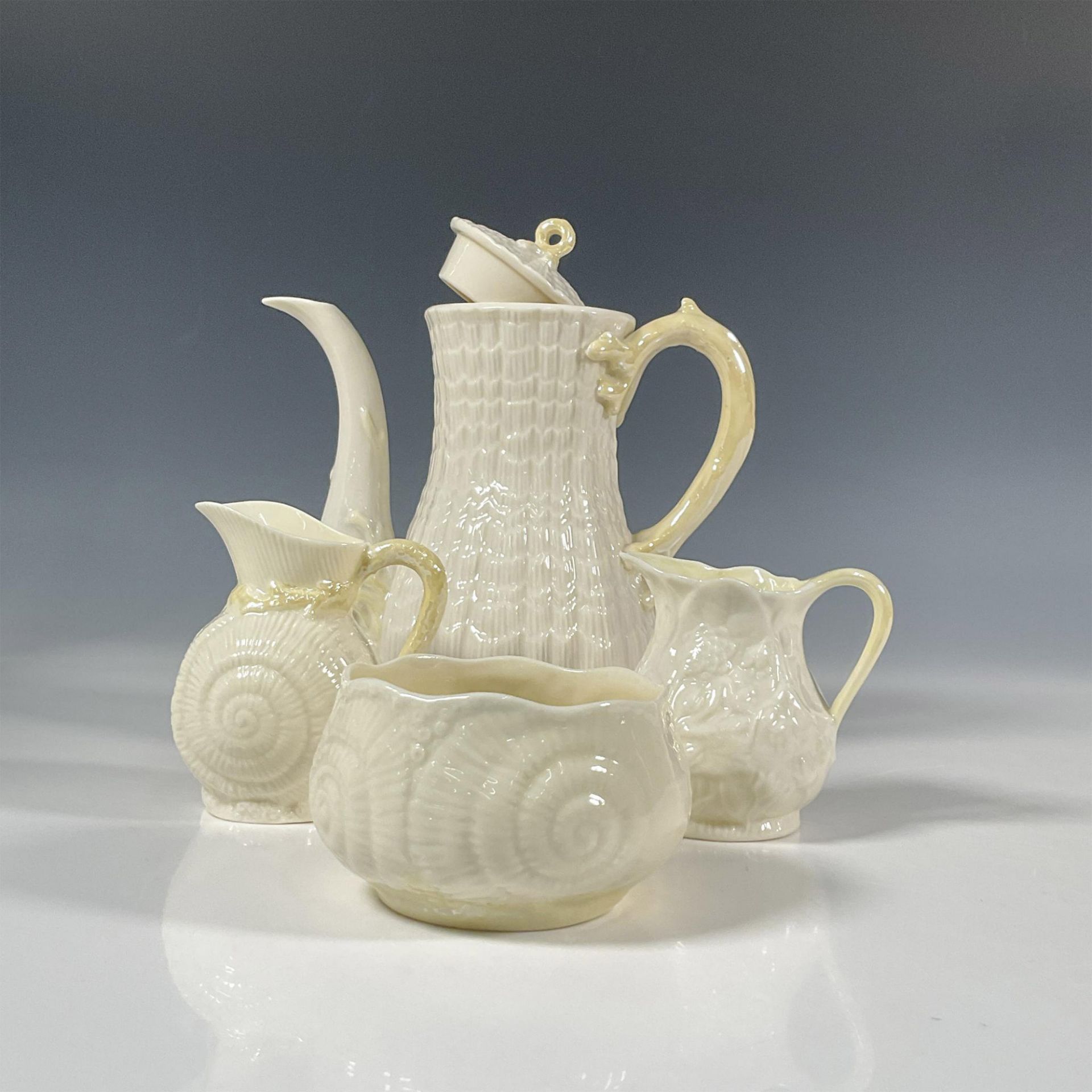 4pc Belleek Pottery Porcelain Coffee Set, Tridacna Yellow - Image 6 of 8