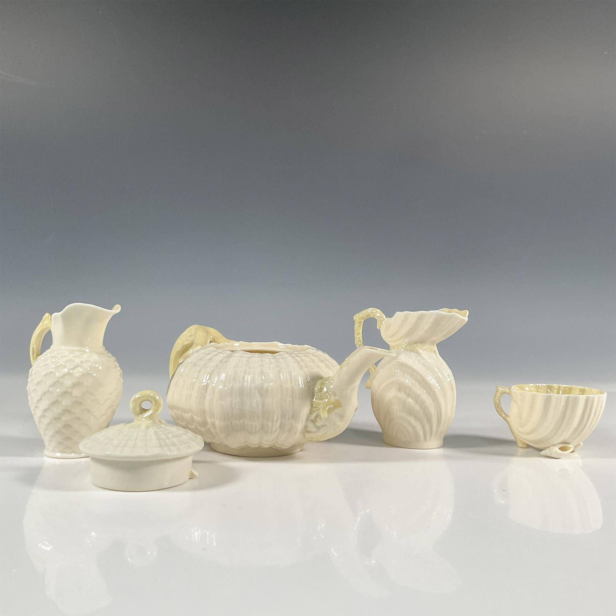 4pc Belleek Pottery Porcelain Tea Pot Set, Tridacna Yellow - Image 4 of 6