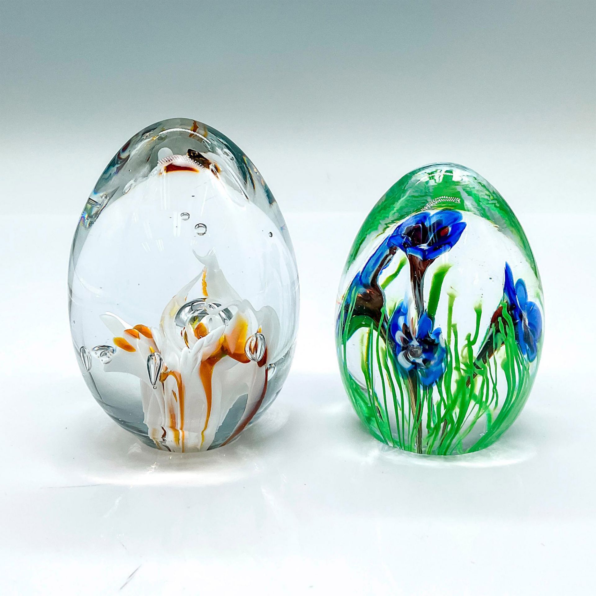 2pc Murano Art Glass Floral Paperweights