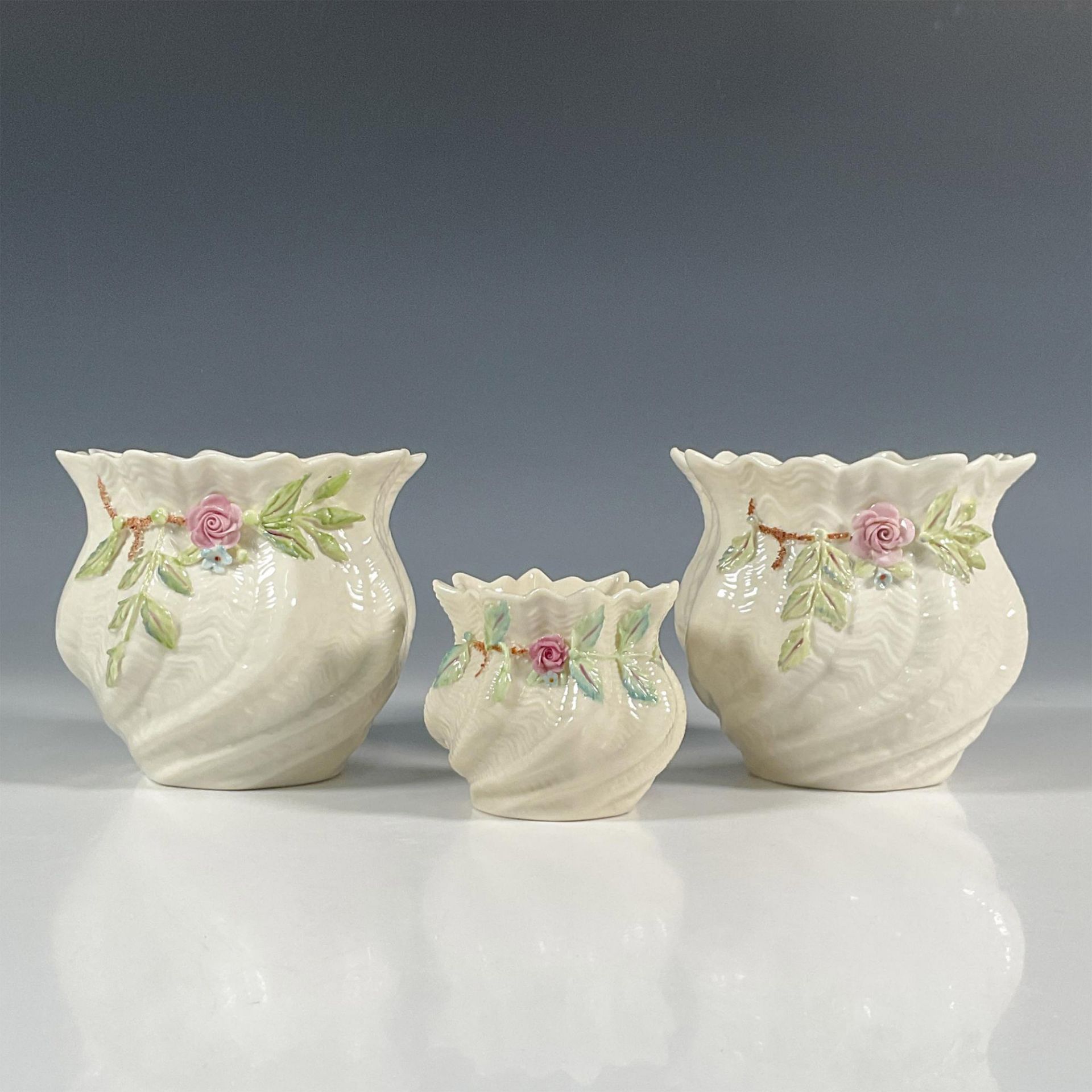 3pc Belleek Pottery Porcelain Cache Vases - Image 2 of 5