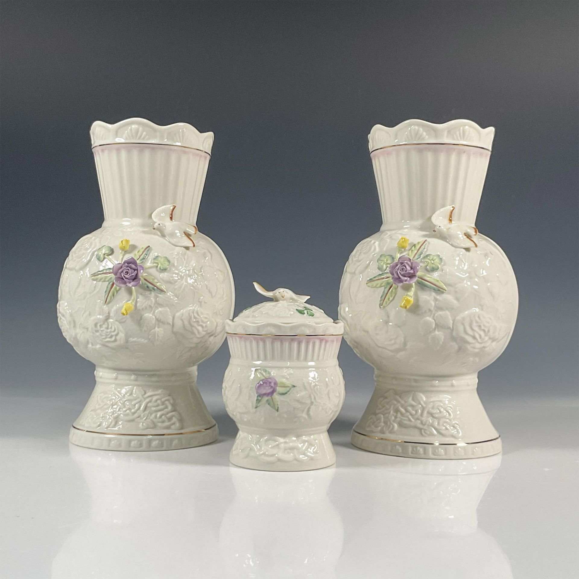 3pc Belleek Pottery Vases and Lidded Box, Song Bird