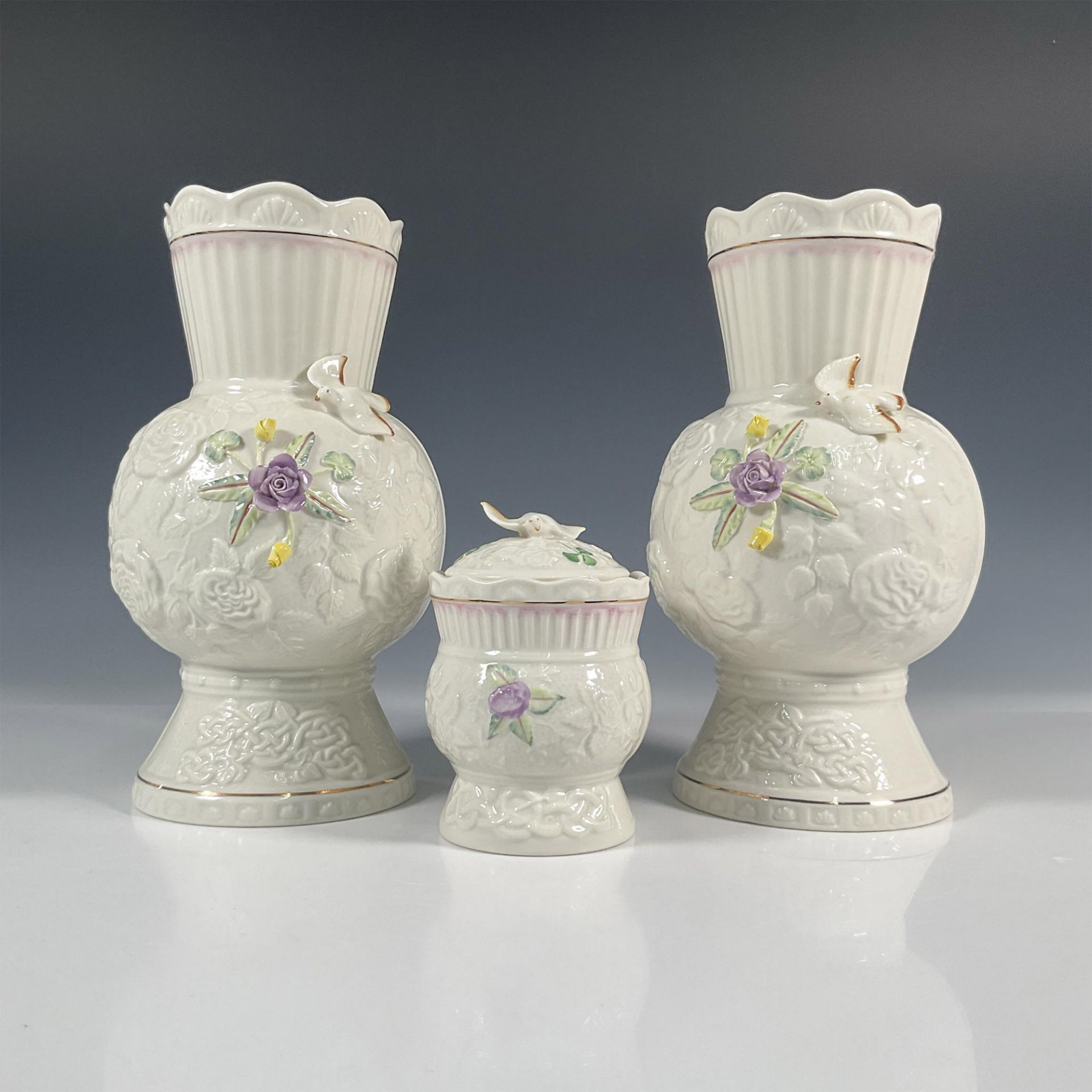 3pc Belleek Pottery Vases and Lidded Box, Song Bird - Image 2 of 5