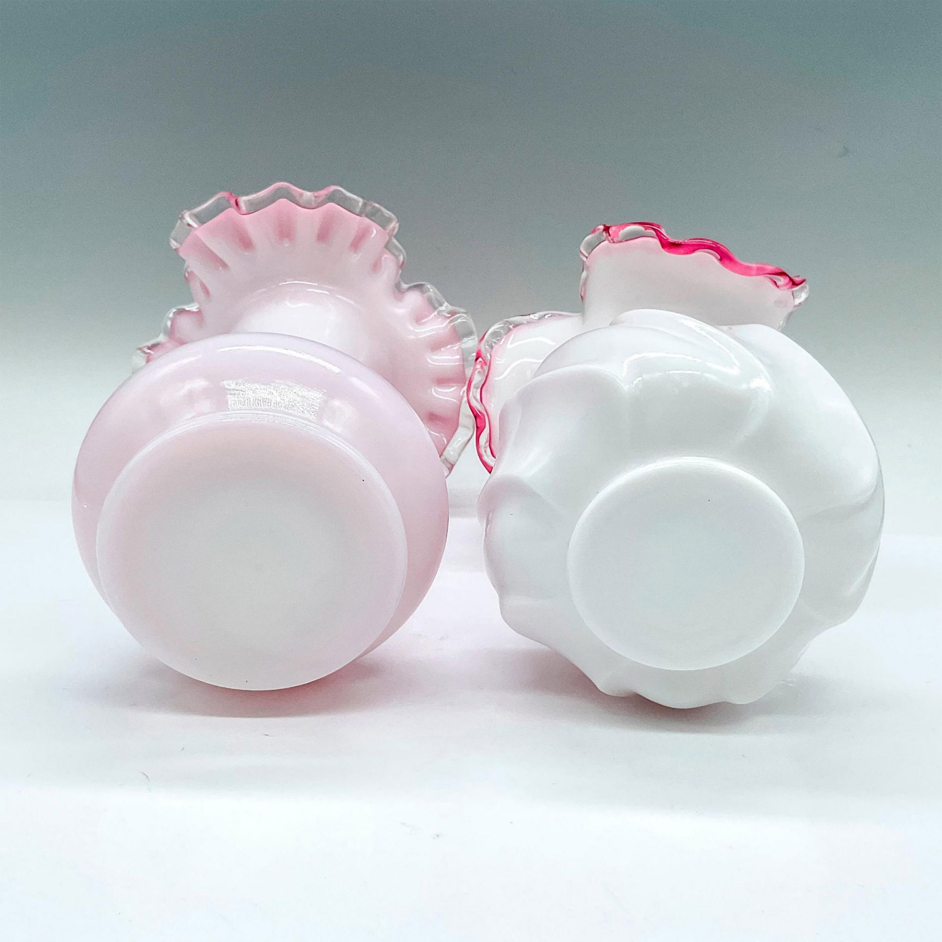 2pc Fenton Pink Crimped Milk Glass Vases, Silver Crest - Image 3 of 3