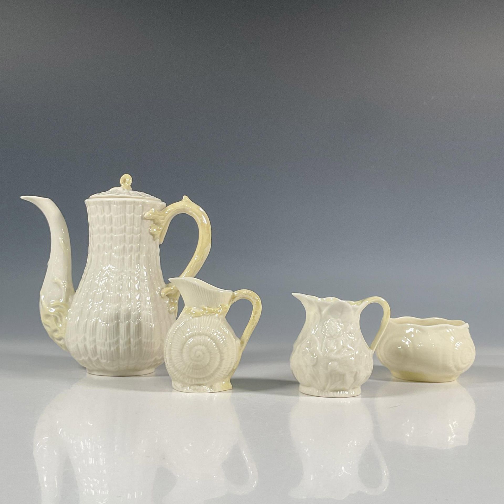 4pc Belleek Pottery Porcelain Coffee Set, Tridacna Yellow - Image 2 of 8