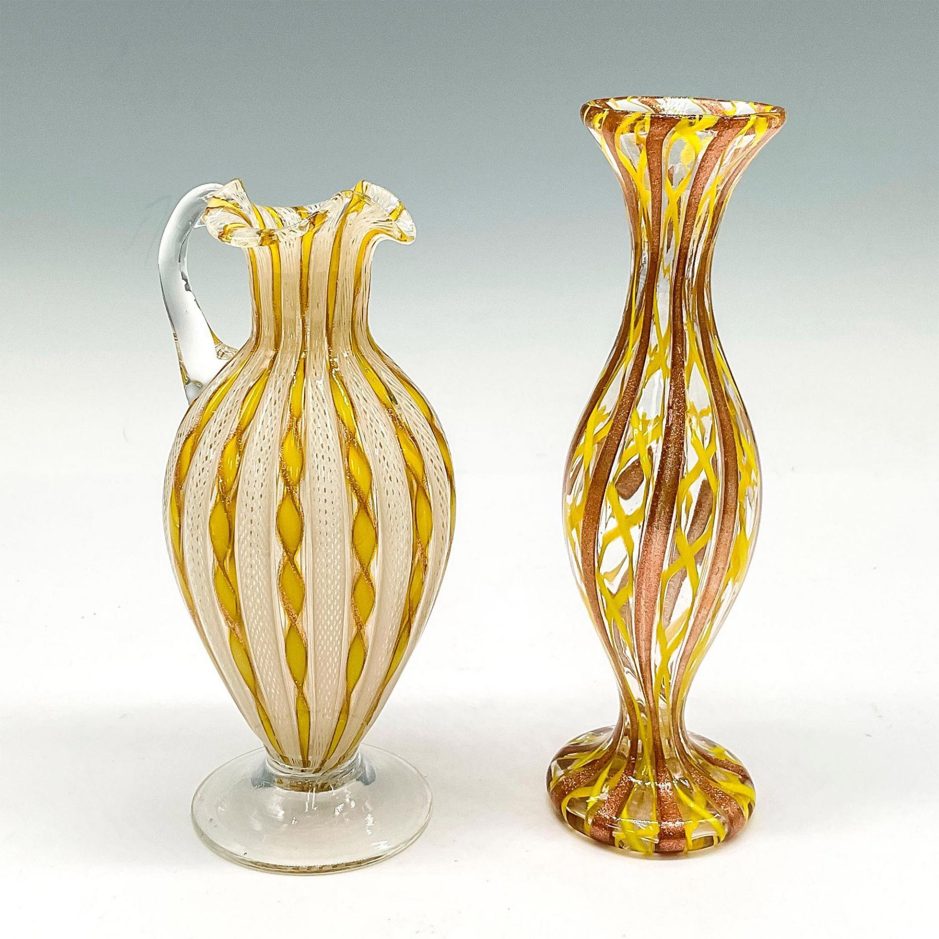2pc Murano Glass Yellow Latticino Bud Vases