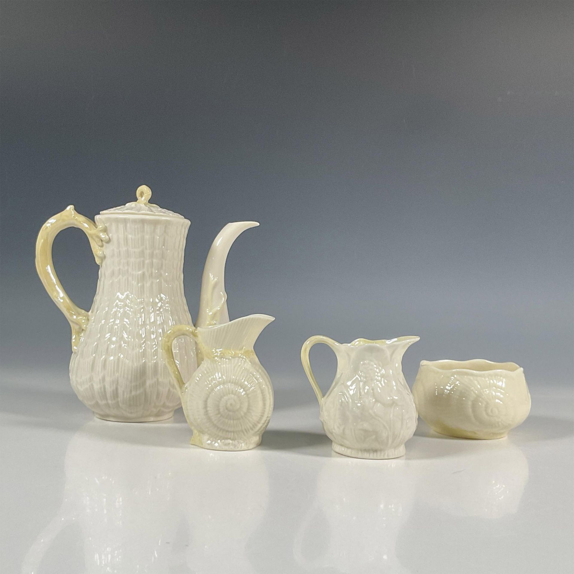 4pc Belleek Pottery Porcelain Coffee Set, Tridacna Yellow - Image 3 of 8