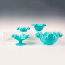 4pc Fenton Turquoise Crimped Milk Glass Bowls, Silver Crest