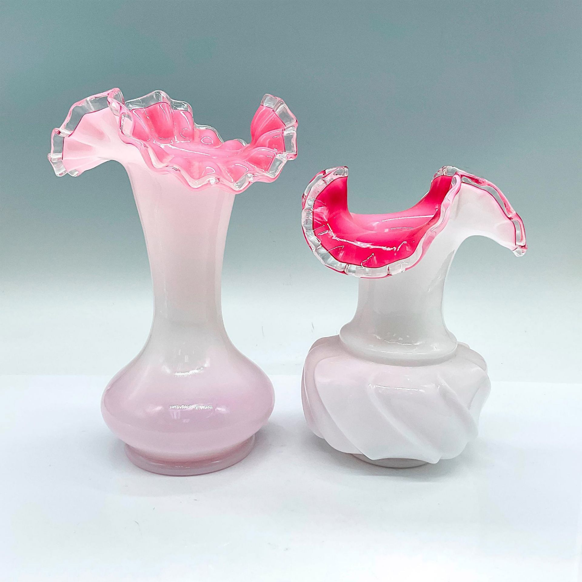 2pc Fenton Pink Crimped Milk Glass Vases, Silver Crest