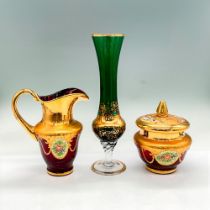 3pc Green Glass Vase, Red Glass Pitcher + Lidded Dish