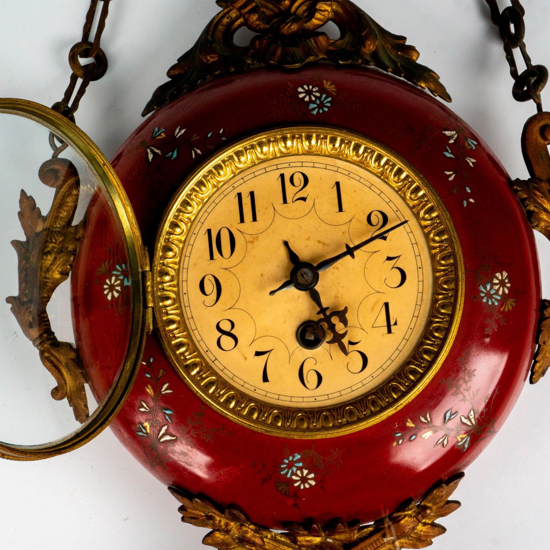19th Century French Chain Hanging Red Enamel Wall Clock - Image 3 of 3