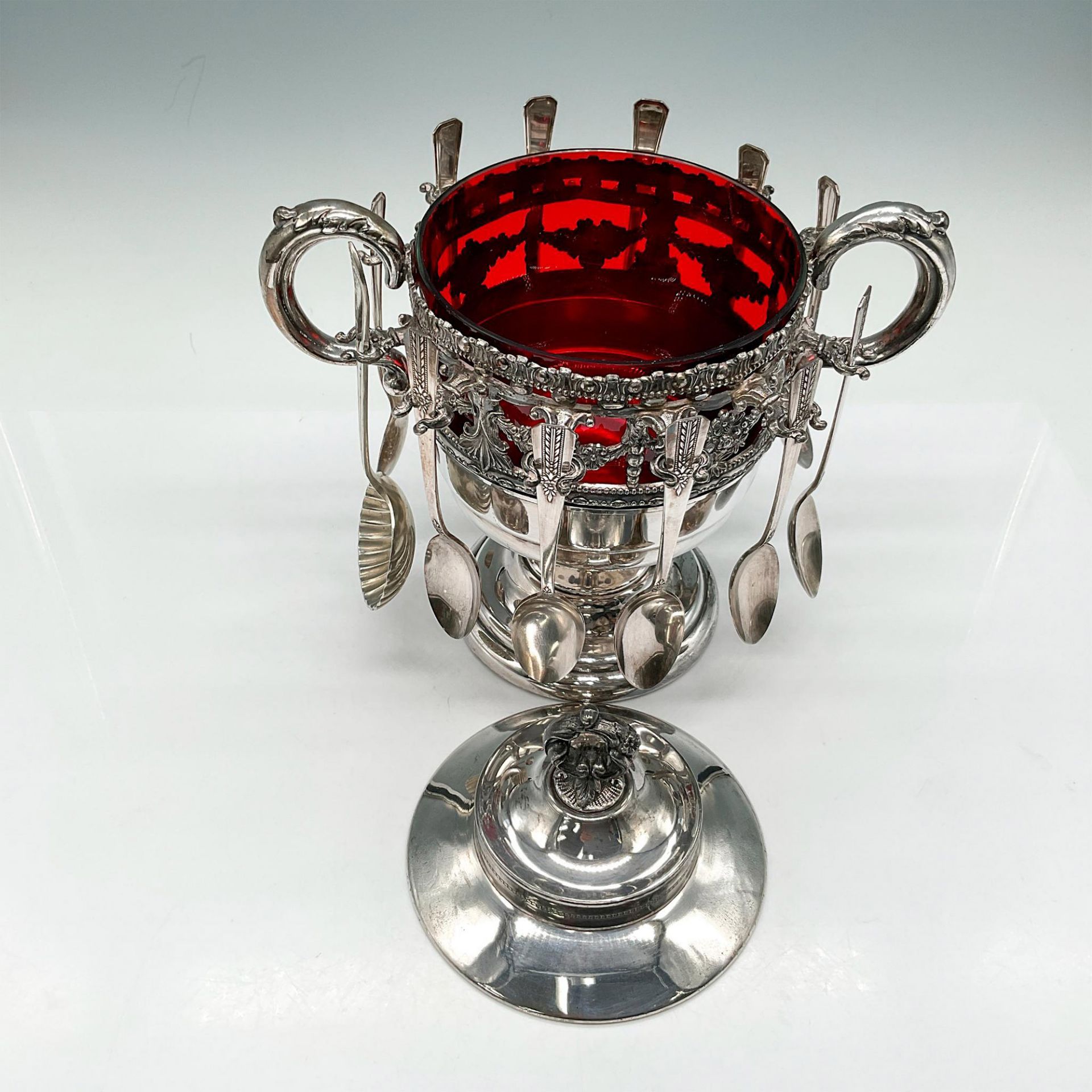 Standard Silver Co. Silver and Cranberry Glass Spooner - Image 2 of 4