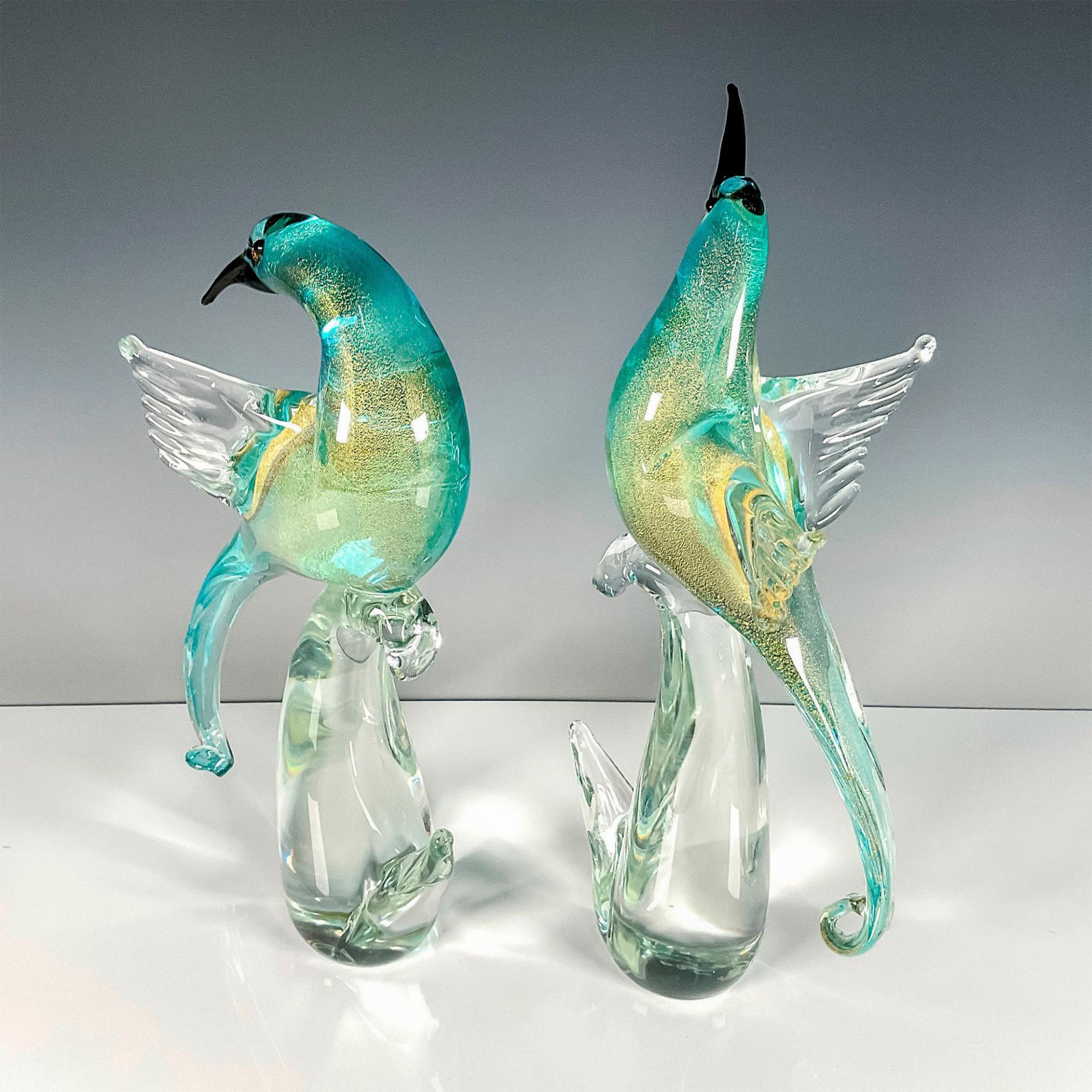 2pc Murano Art Glass Birds, Blue & Gold - Image 2 of 3