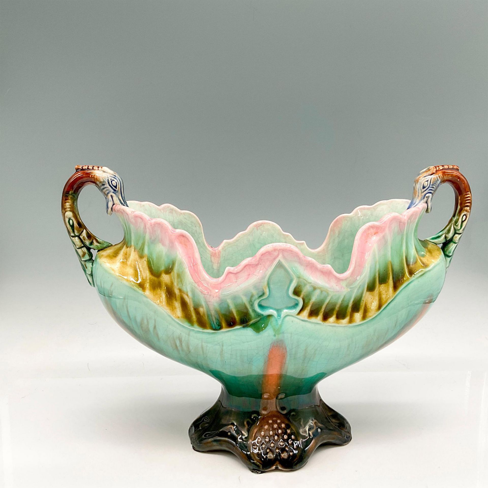French Barbotine Majolica Centerpiece Basket Bowl - Image 2 of 3