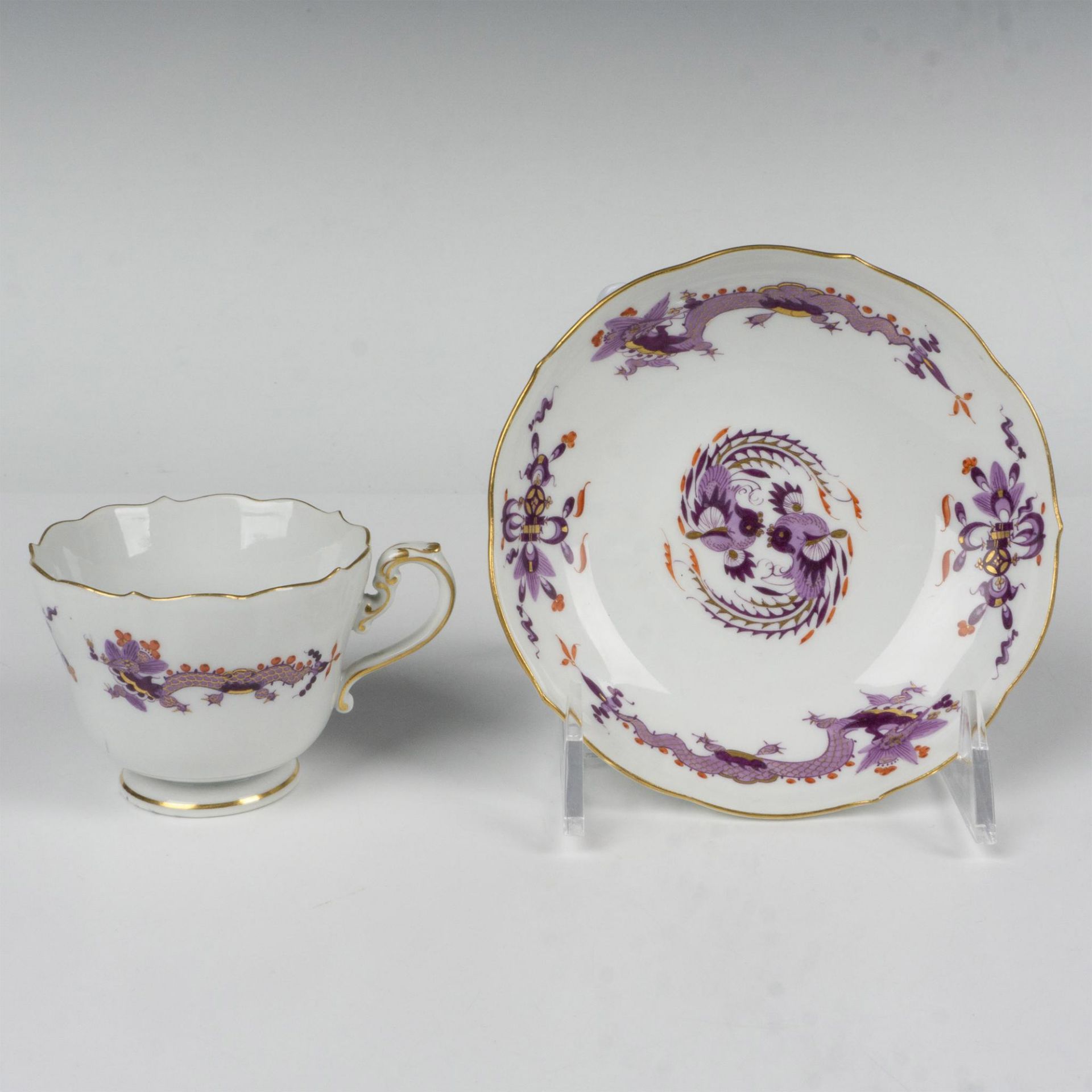 2pc Rare Antique Meissen Cup and Saucer Set, Purple Dragon - Bild 2 aus 3
