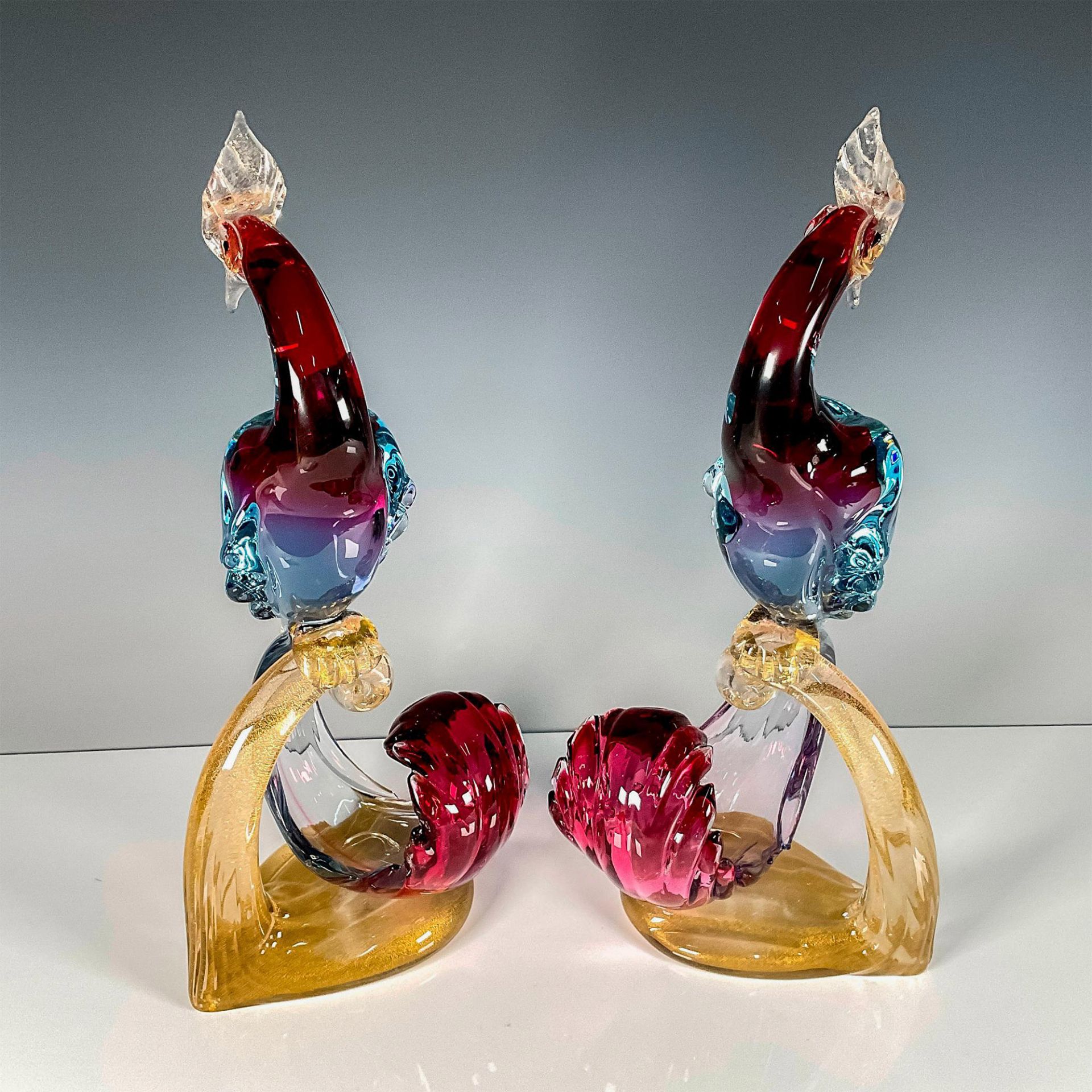 2pc Murano Blown Gold and Cranberry Glass Phoenix Birds - Image 2 of 3