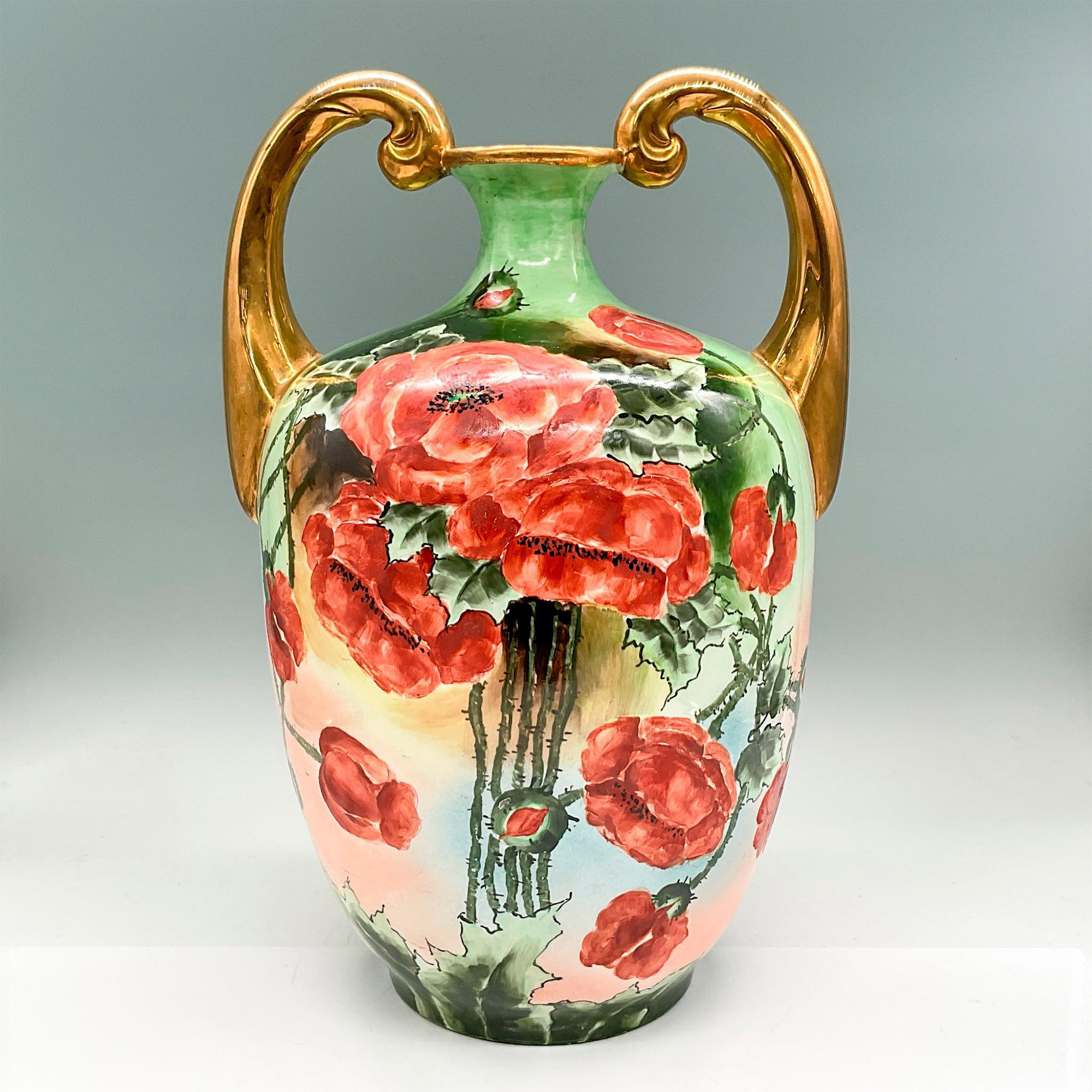 Jean Pouyat Limoges Porcelain Amphora Vase, Poppies - Image 2 of 3