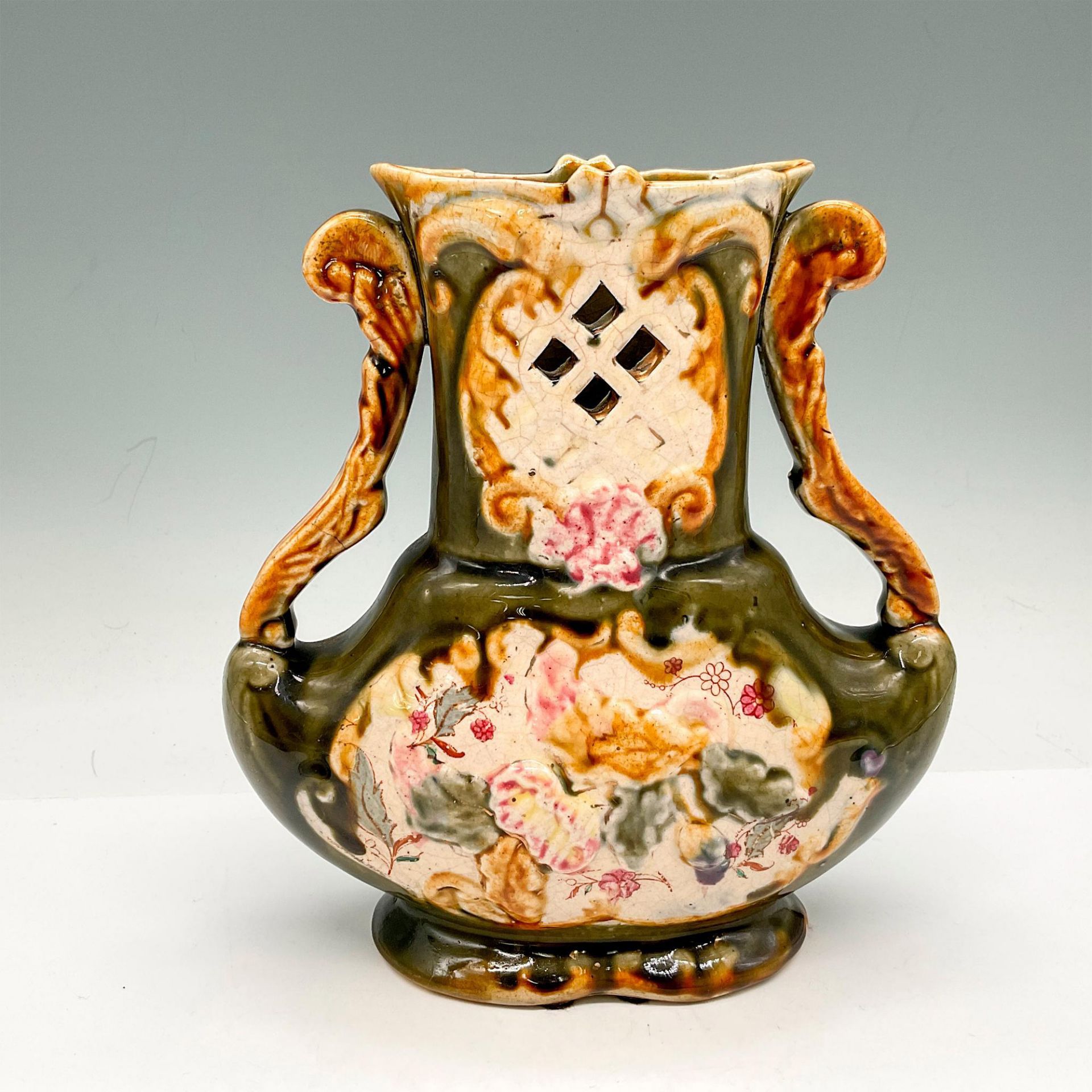 Karlsruhe Majolica Dual Handled Reticulated Vase