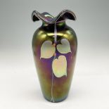 Stuart Abelman Art Glass Iridescent Black Glass Vase, Signed