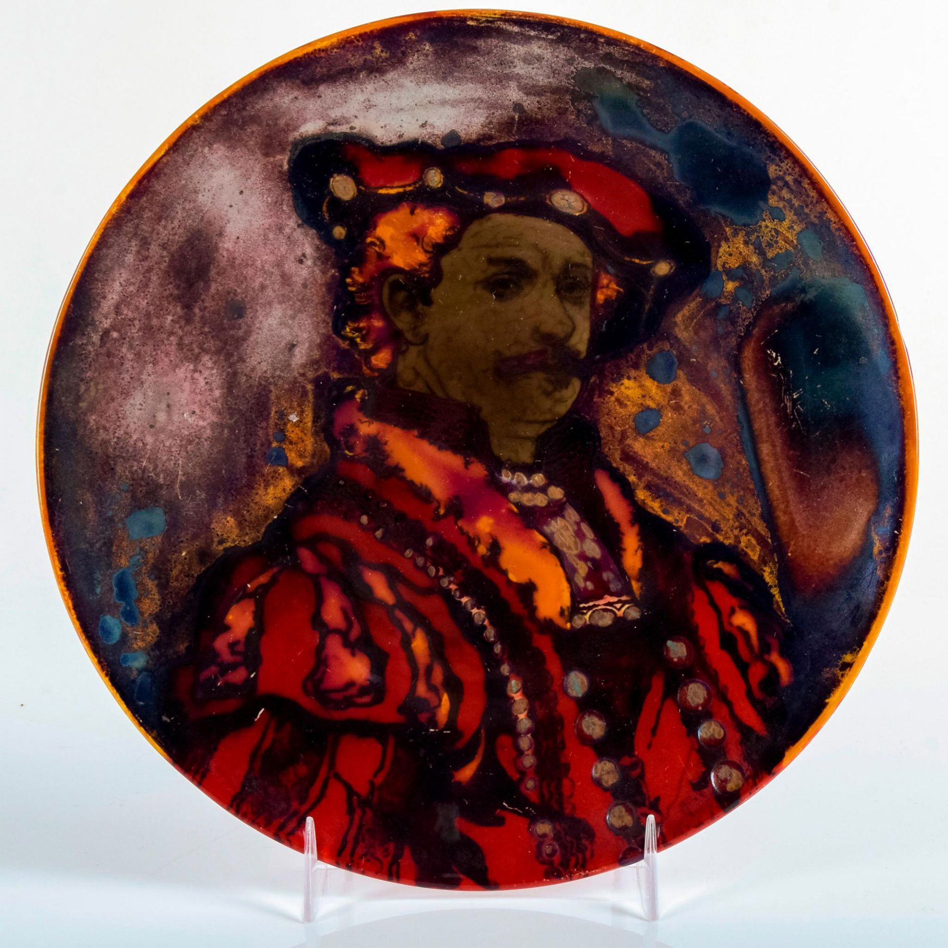 Antique Bernard Moore Flambe Lustre Cavalier Portrait Plaque