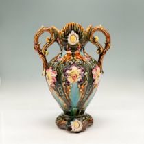 German Majolica Two Handled Footed Vase